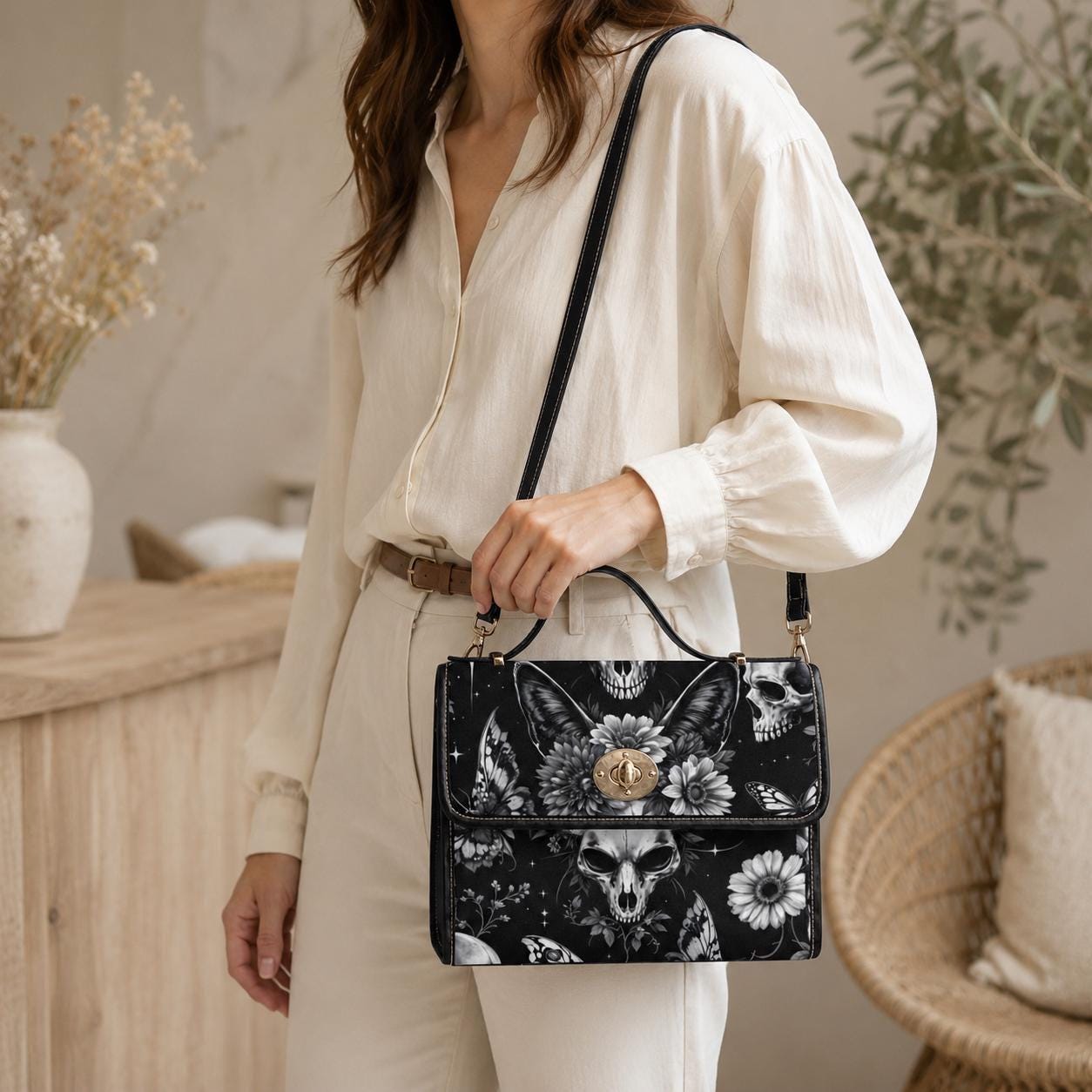 Gothic Bunny Skull Crossbody Bag, Dark Floral Print Handbag for Witchy, Alternative Fashion