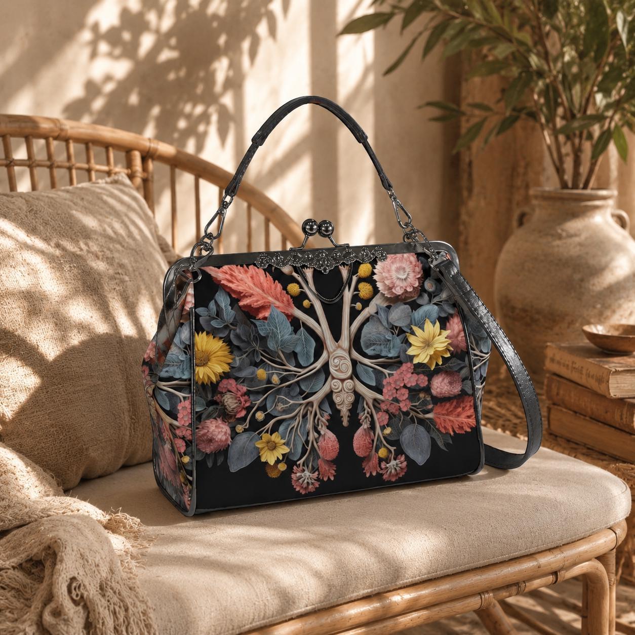 Botanical anatomy purse, dark floral kisslock bag, vintage frame handbag