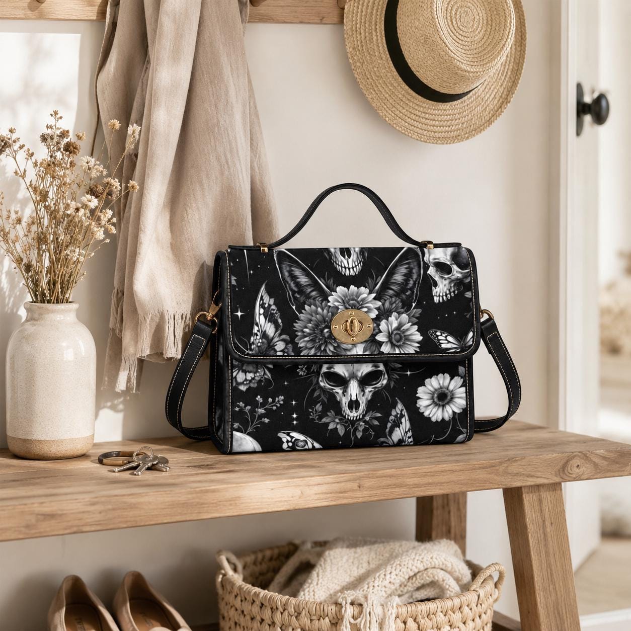 Gothic Bunny Skull Crossbody Bag, Dark Floral Print Handbag for Witchy, Alternative Fashion