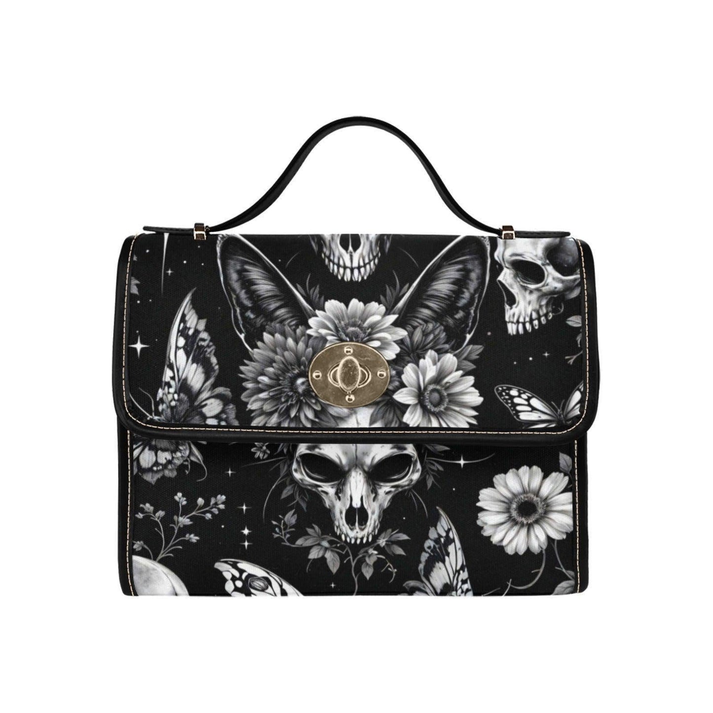 Gothic Bunny Skull Crossbody Bag, Dark Floral Print Handbag for Witchy, Alternative Fashion