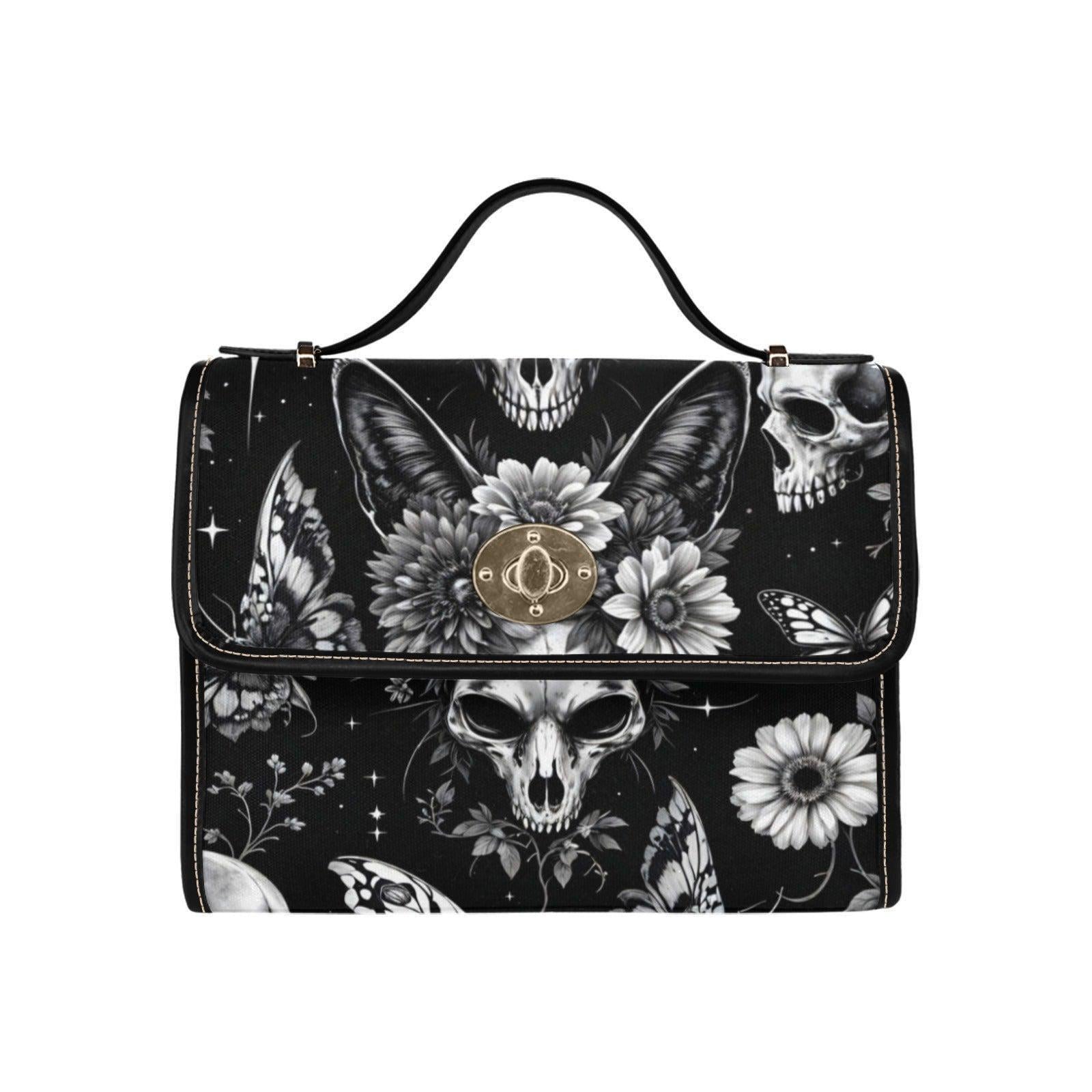 Gothic Bunny Skull Crossbody Bag, Dark Floral Print Handbag for Witchy, Alternative Fashion