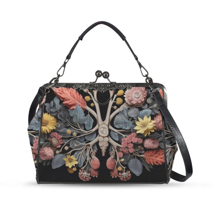 Botanical anatomy purse, dark floral kisslock bag, vintage frame handbag