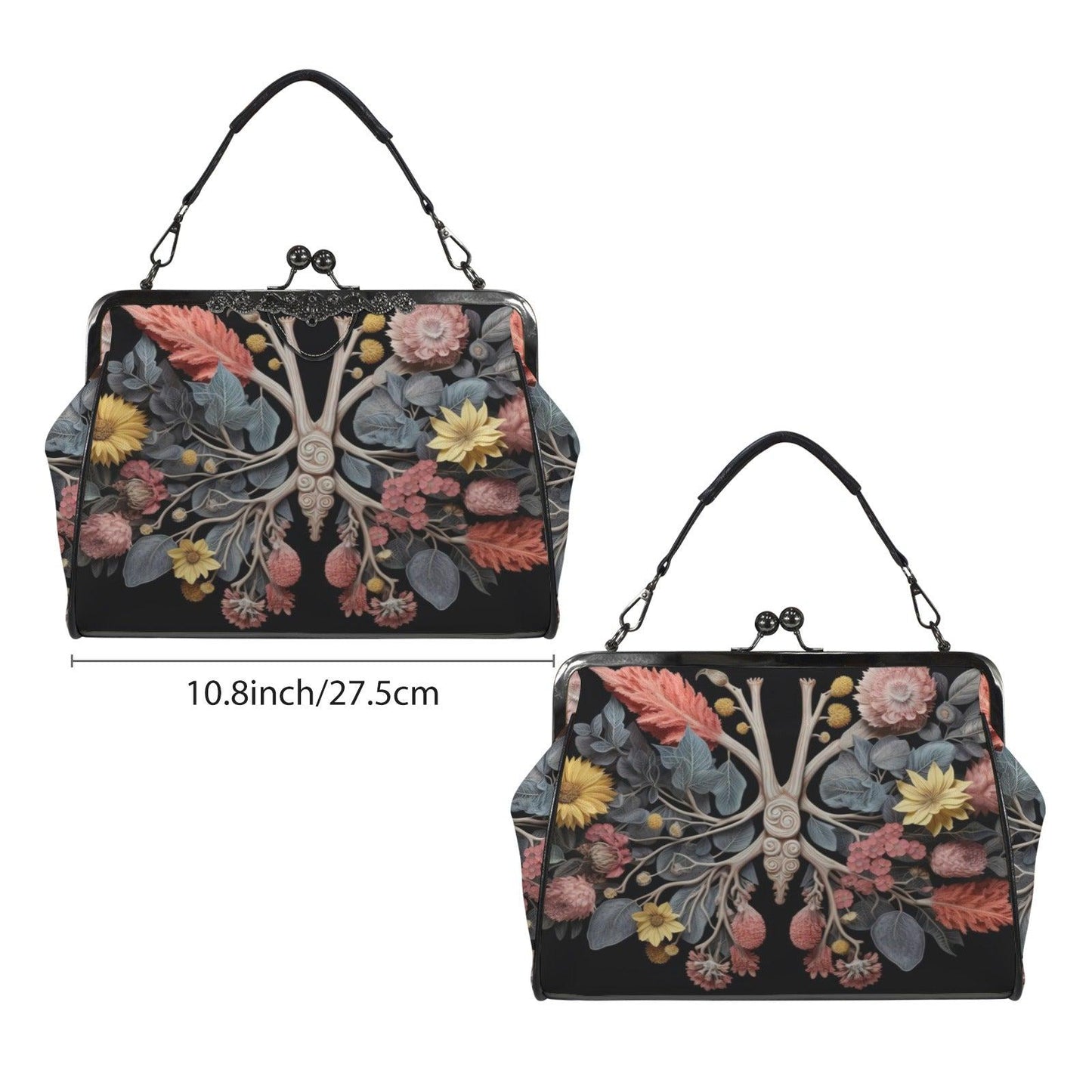 Botanical anatomy purse, dark floral kisslock bag, vintage frame handbag