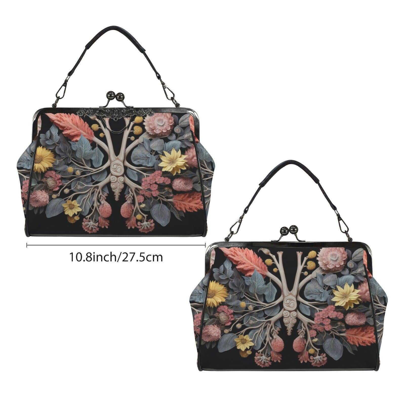 Botanical anatomy purse, dark floral kisslock bag, vintage frame handbag