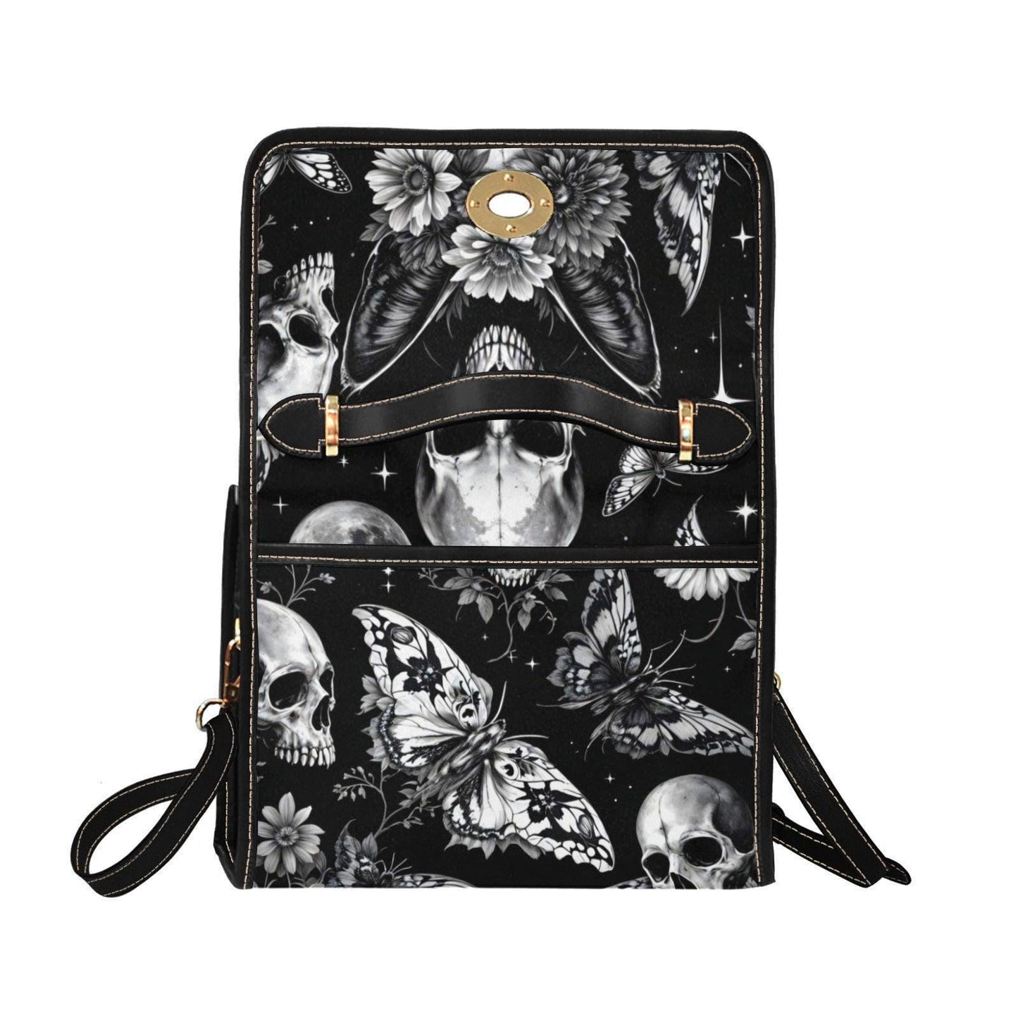 Gothic Bunny Skull Crossbody Bag, Dark Floral Print Handbag for Witchy, Alternative Fashion