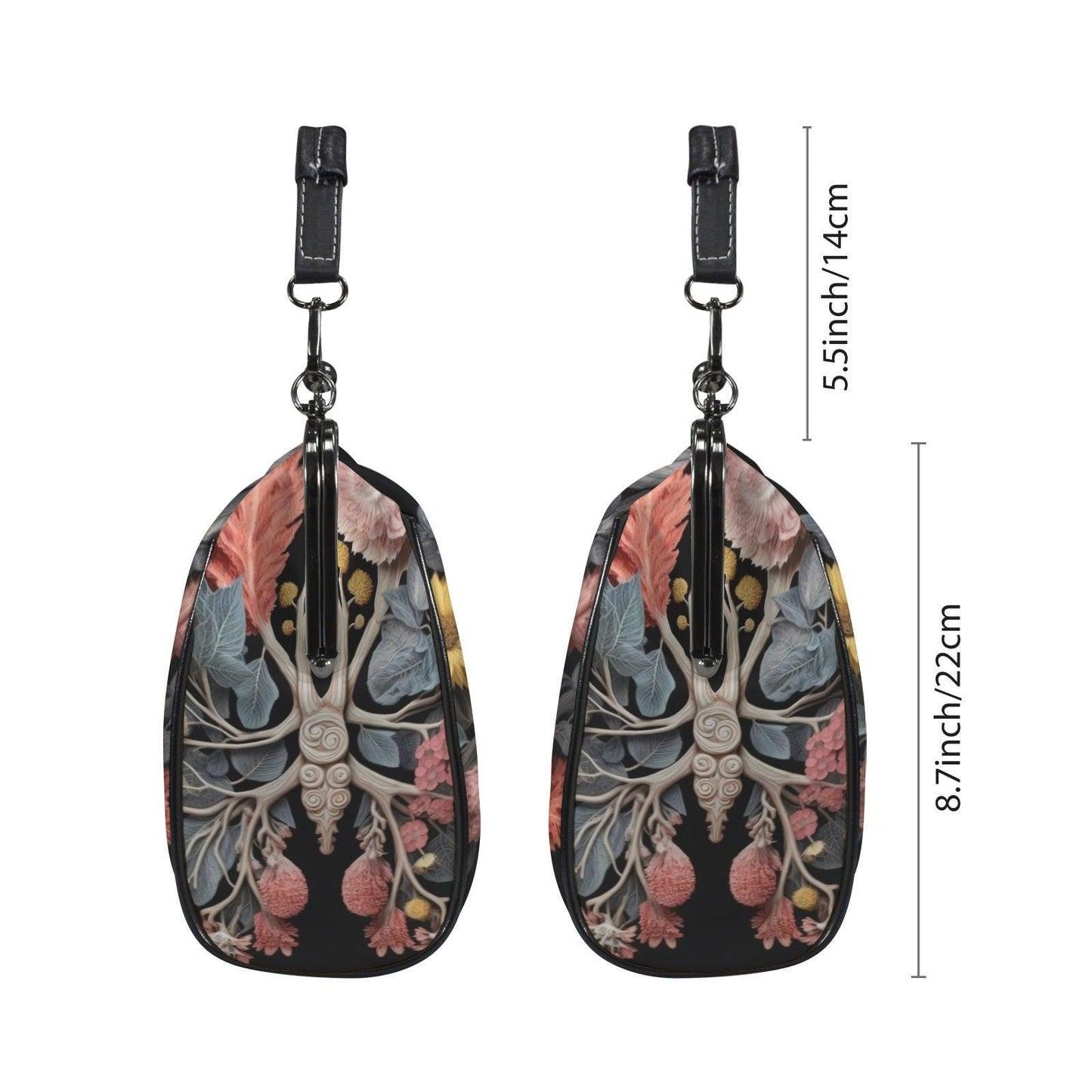 Botanical anatomy purse, dark floral kisslock bag, vintage frame handbag