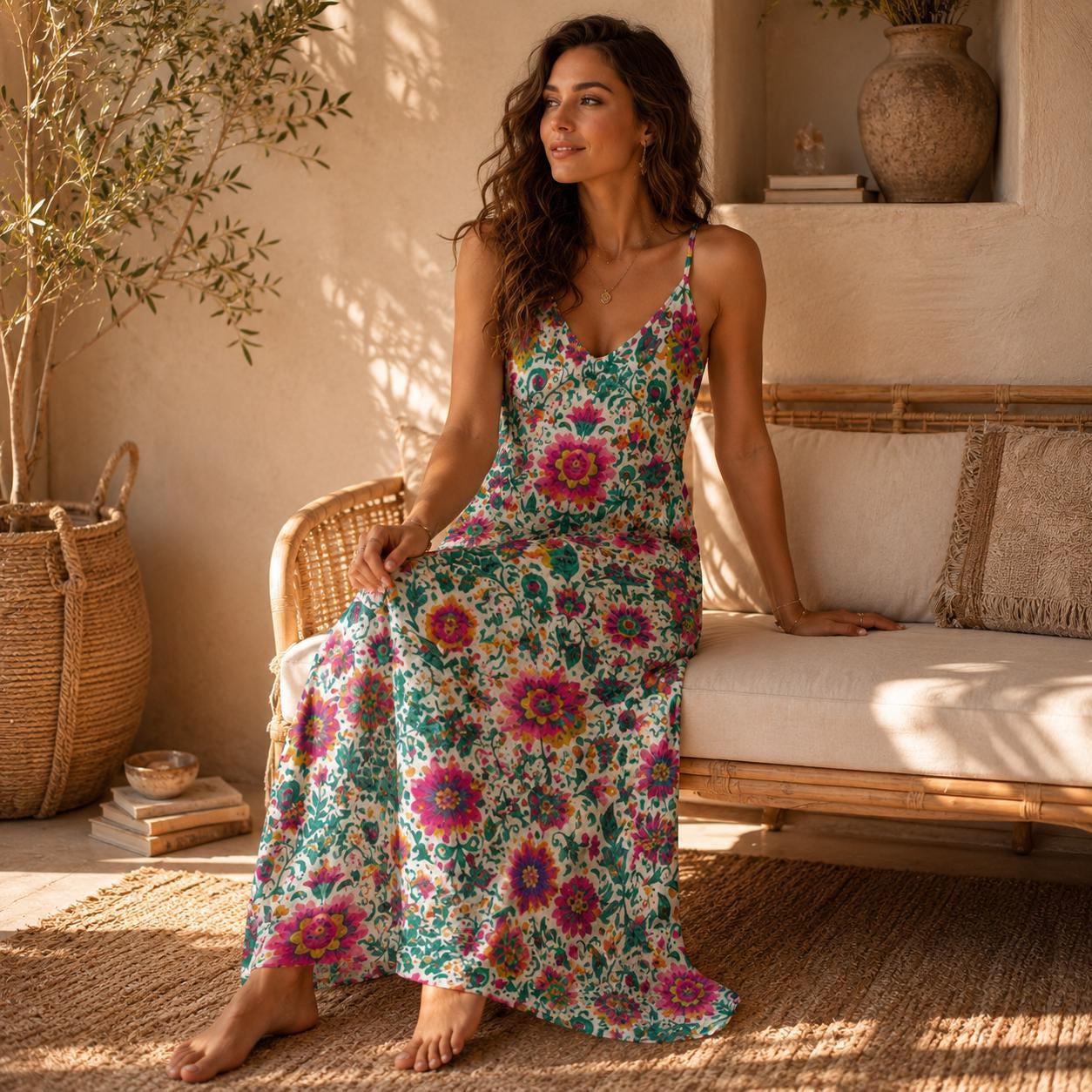 Boho Floral Maxi Dress for Vacation, Folk Art Sundress in Bright Summer Print