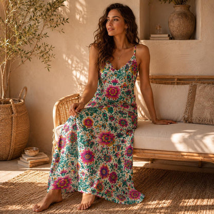 Boho Floral Maxi Dress for Vacation, Folk Art Sundress in Bright Summer Print