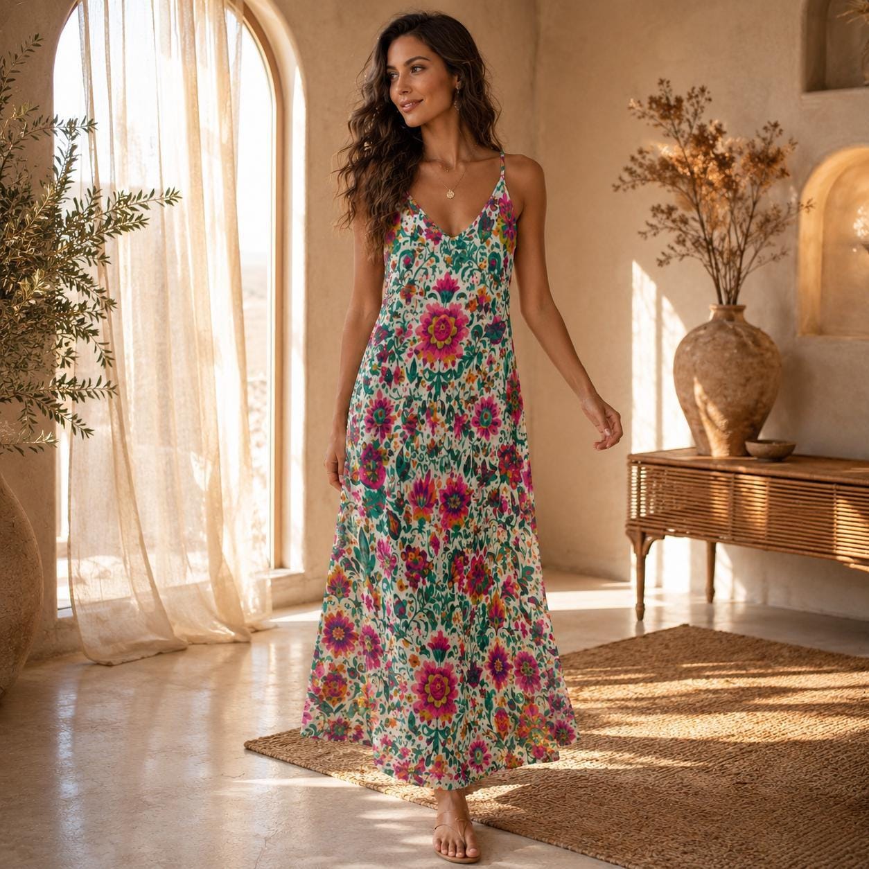 Boho Floral Maxi Dress for Vacation, Folk Art Sundress in Bright Summer Print