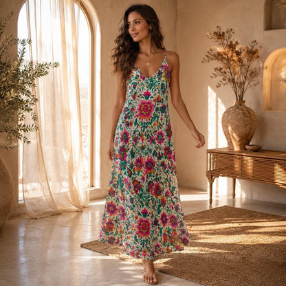 Boho Floral Maxi Dress for Vacation, Folk Art Sundress in Bright Summer Print
