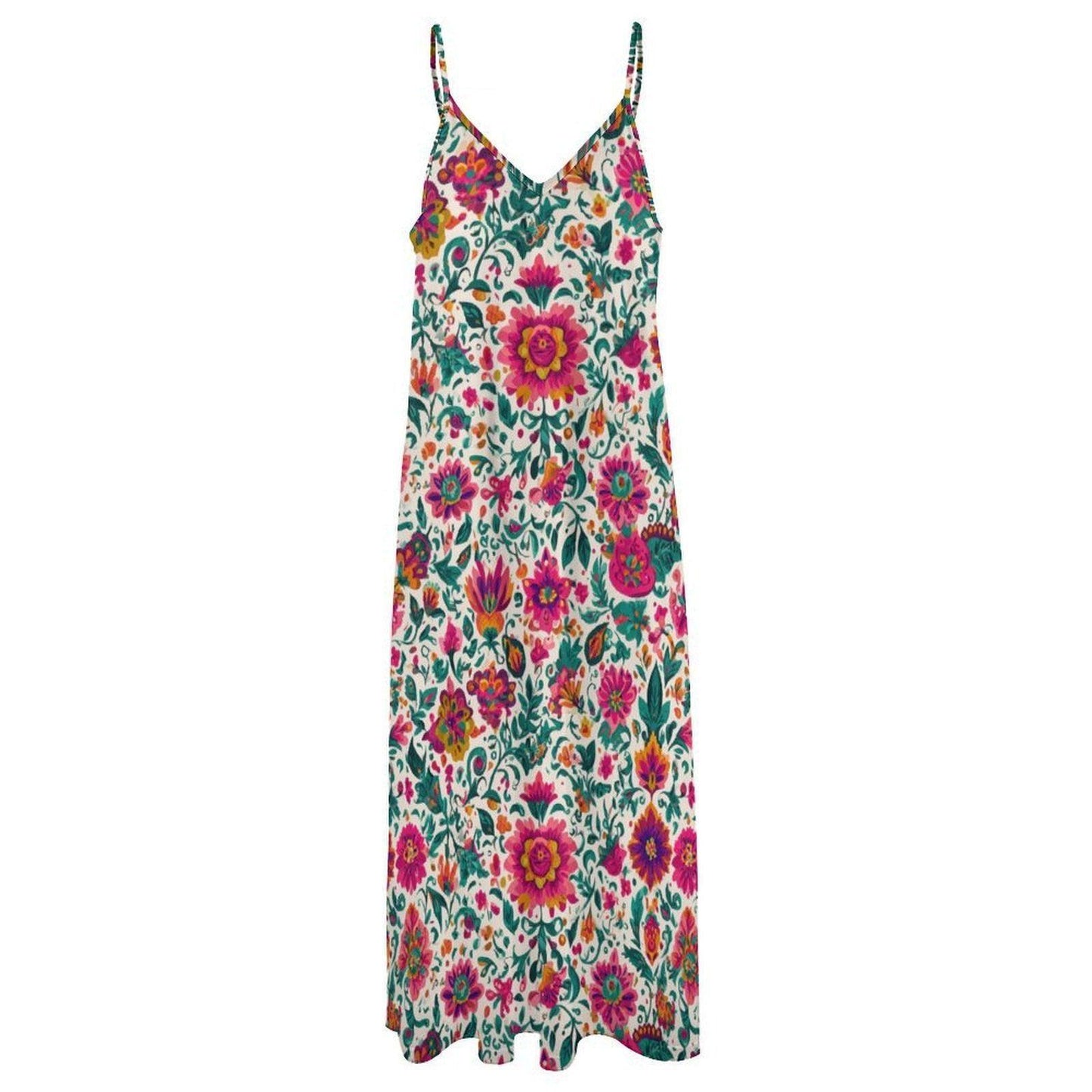 Boho Floral Maxi Dress for Vacation, Folk Art Sundress in Bright Summer Print
