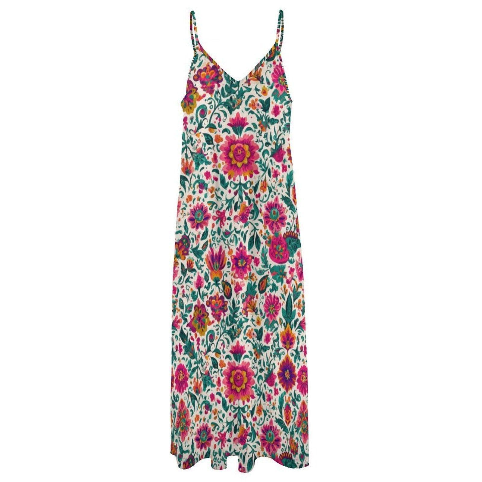 Boho Floral Maxi Dress for Vacation, Folk Art Sundress in Bright Summer Print