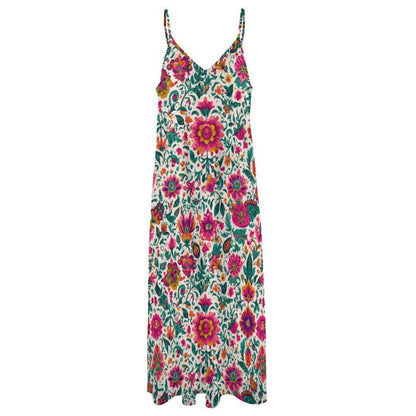 Boho Floral Maxi Dress for Vacation, Folk Art Sundress in Bright Summer Print
