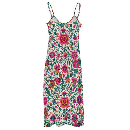 Boho Floral Maxi Dress for Vacation, Folk Art Sundress in Bright Summer Print