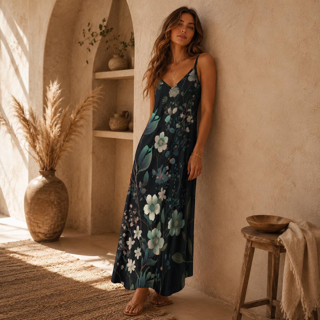 Dark Floral Maxi Dress, Botanical Slip Sundress, Midnight Garden Vacation Dress
