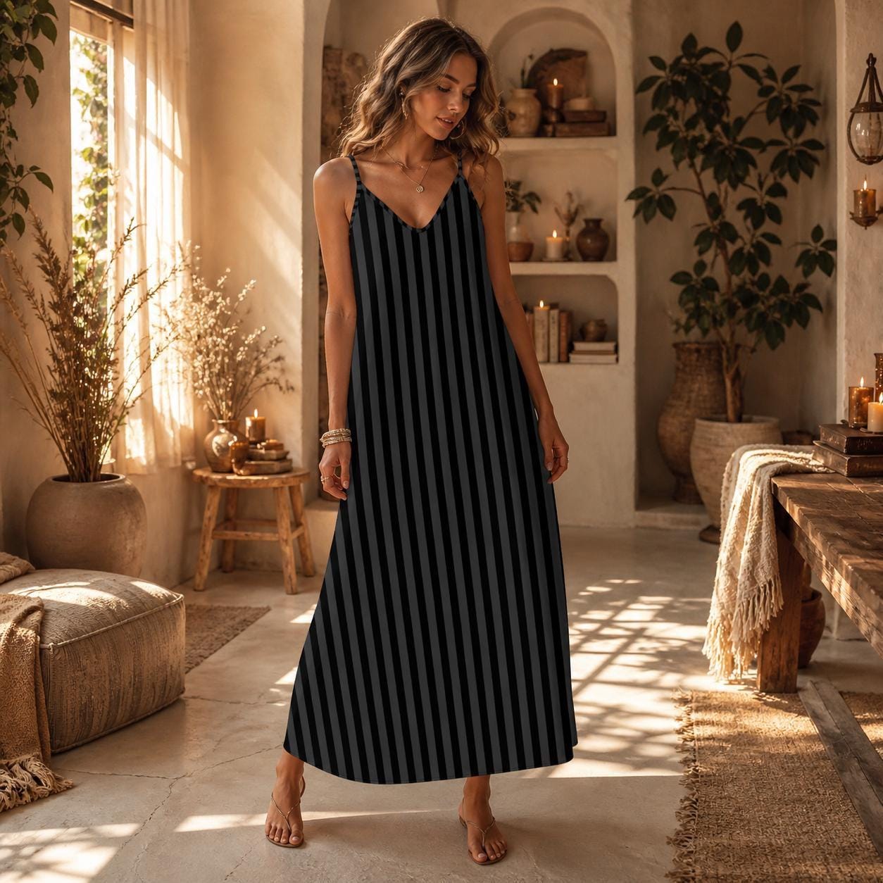Black Striped Witchy Maxi Slip Dress A-Line Cami