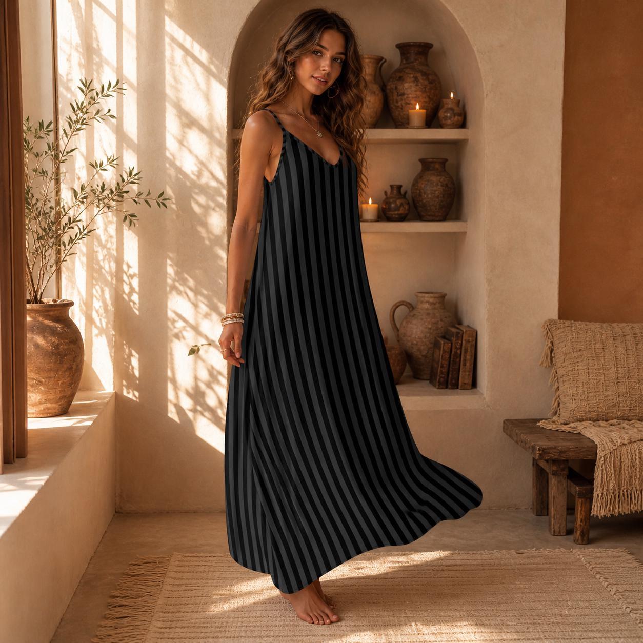 Black Striped Witchy Maxi Slip Dress A-Line Cami