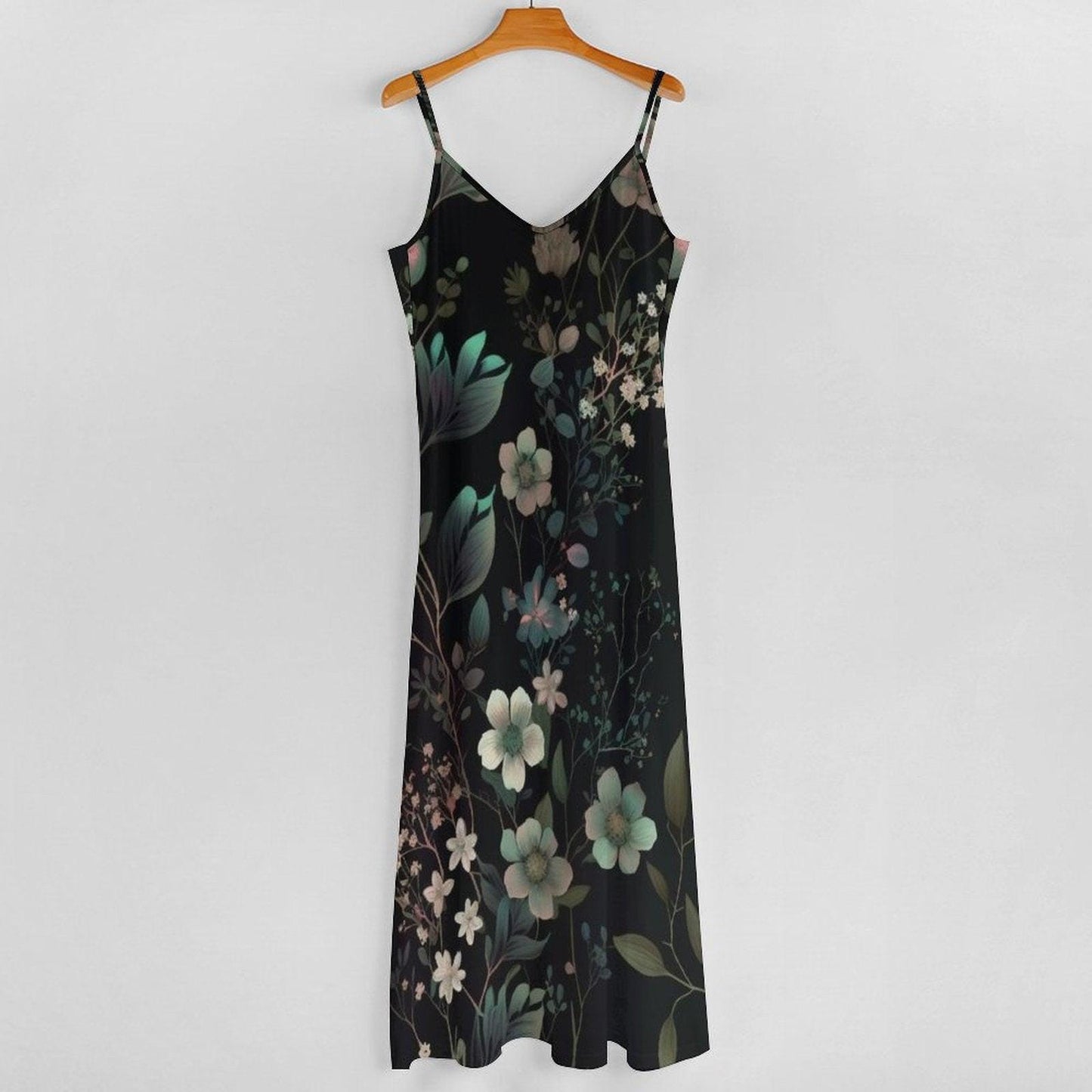 Dark Floral Maxi Dress, Botanical Slip Sundress, Midnight Garden Vacation Dress
