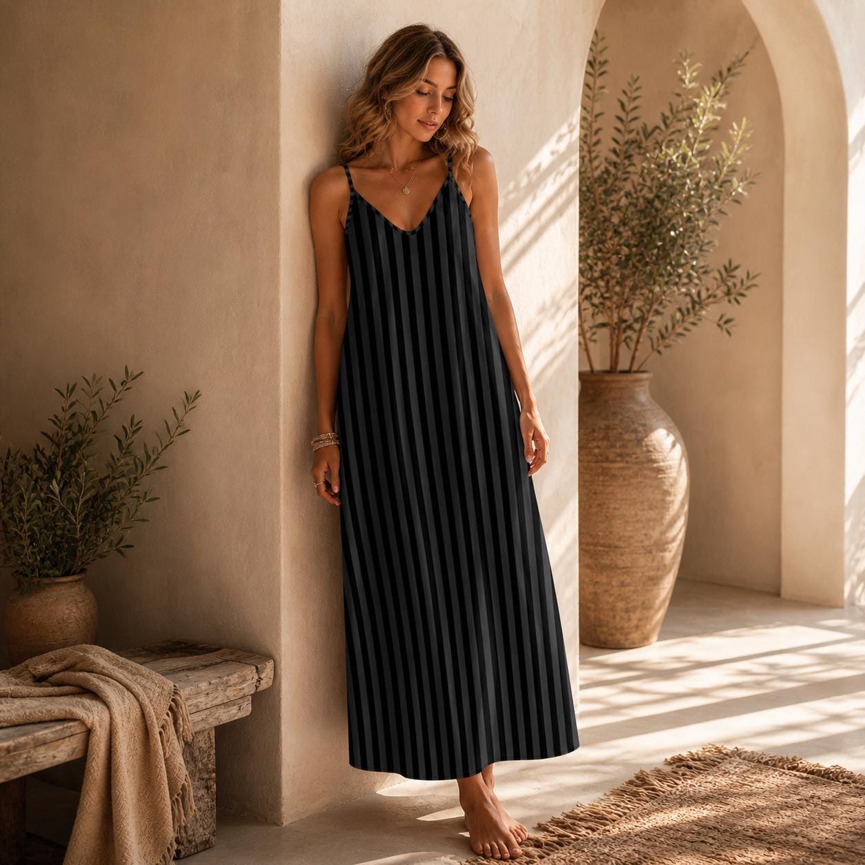 Black Striped Witchy Maxi Slip Dress A-Line Cami