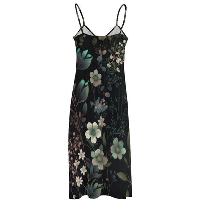 Dark Floral Maxi Dress, Botanical Slip Sundress, Midnight Garden Vacation Dress