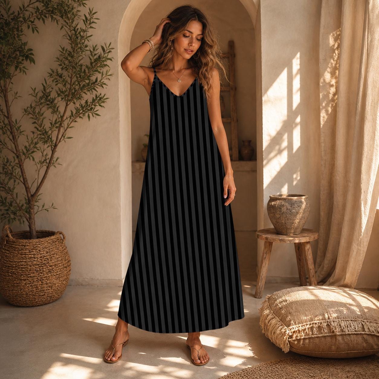 Black Striped Witchy Maxi Slip Dress A-Line Cami