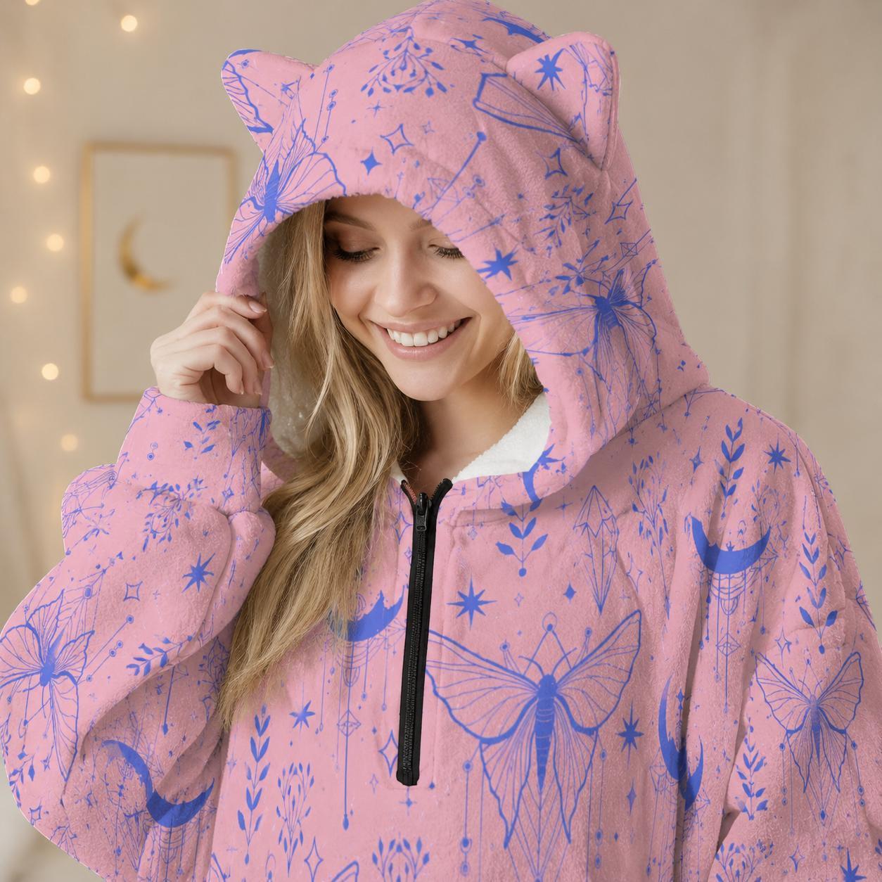 Pink Celestial Moth Hooded Blanket, Cat Ear Wearable Throw, Pastel Moon Lounge Hoodie
