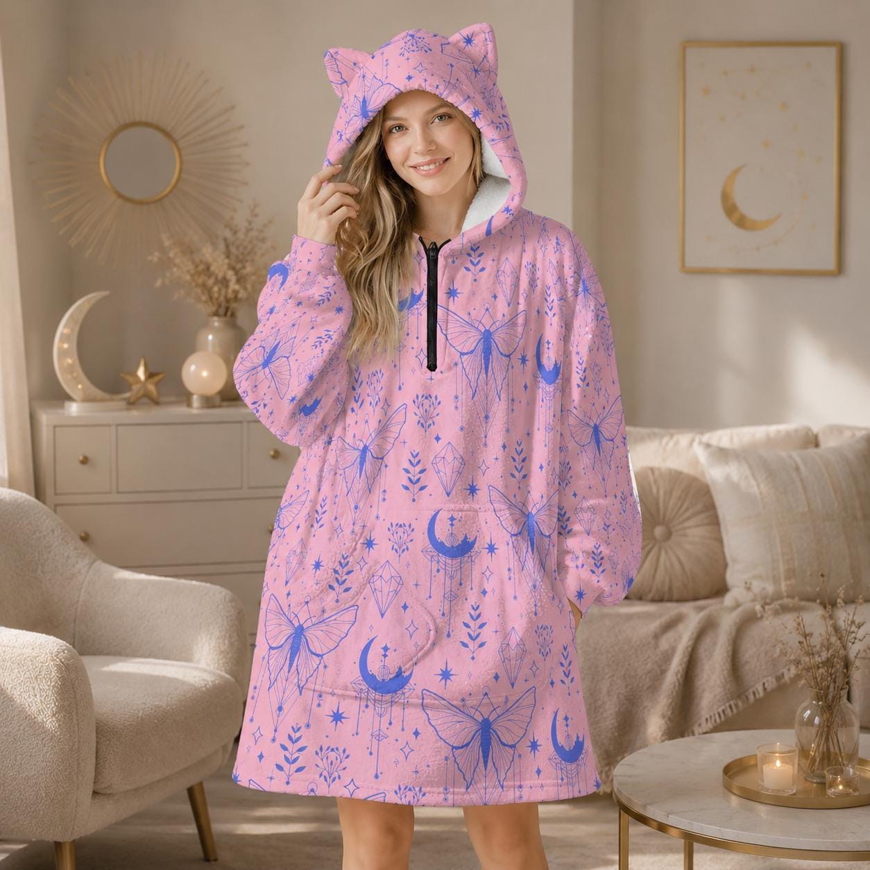 Pink Celestial Moth Hooded Blanket, Cat Ear Wearable Throw, Pastel Moon Lounge Hoodie