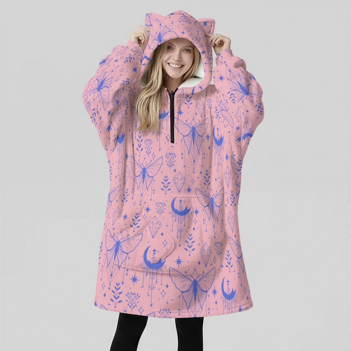 Pink Celestial Moth Hooded Blanket, Cat Ear Wearable Throw, Pastel Moon Lounge Hoodie