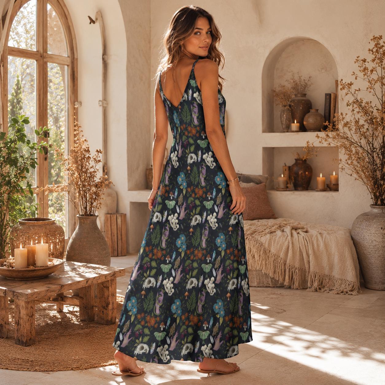 Woodland Maxi Dress, Fairycore Boho Floral Sundress, Dark Cottagecore Ankle-Length Style