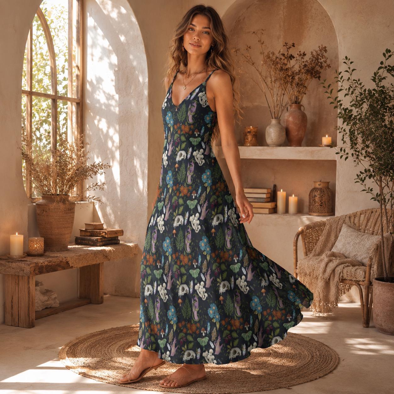Woodland Maxi Dress, Fairycore Boho Floral Sundress, Dark Cottagecore Ankle-Length Style
