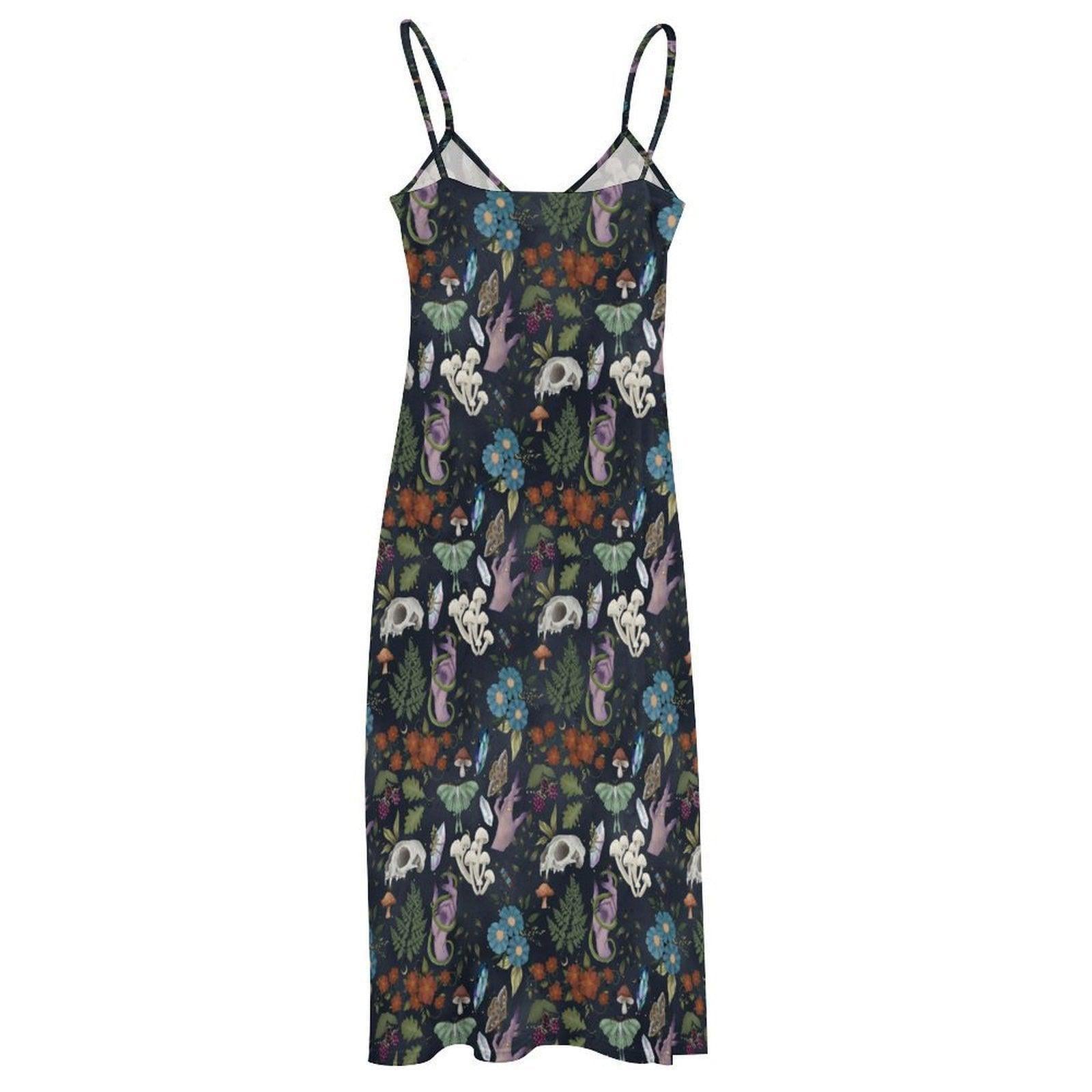 Woodland Maxi Dress, Fairycore Boho Floral Sundress, Dark Cottagecore Ankle-Length Style
