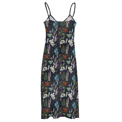 Mushroom Maxi Dress, Dark Cottagecore Luna Moth Print, Flowy V-Neck Sundress