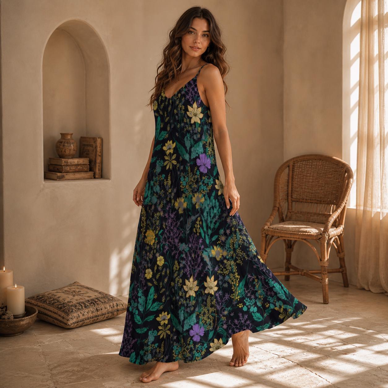 Dark Botanical Maxi Dress, Enchanted Garden Floral Cottagecore Sundress