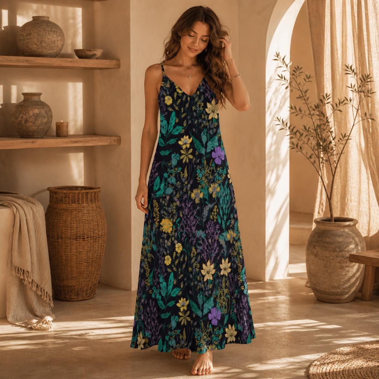 Dark Botanical Maxi Dress, Enchanted Garden Floral Cottagecore Sundress