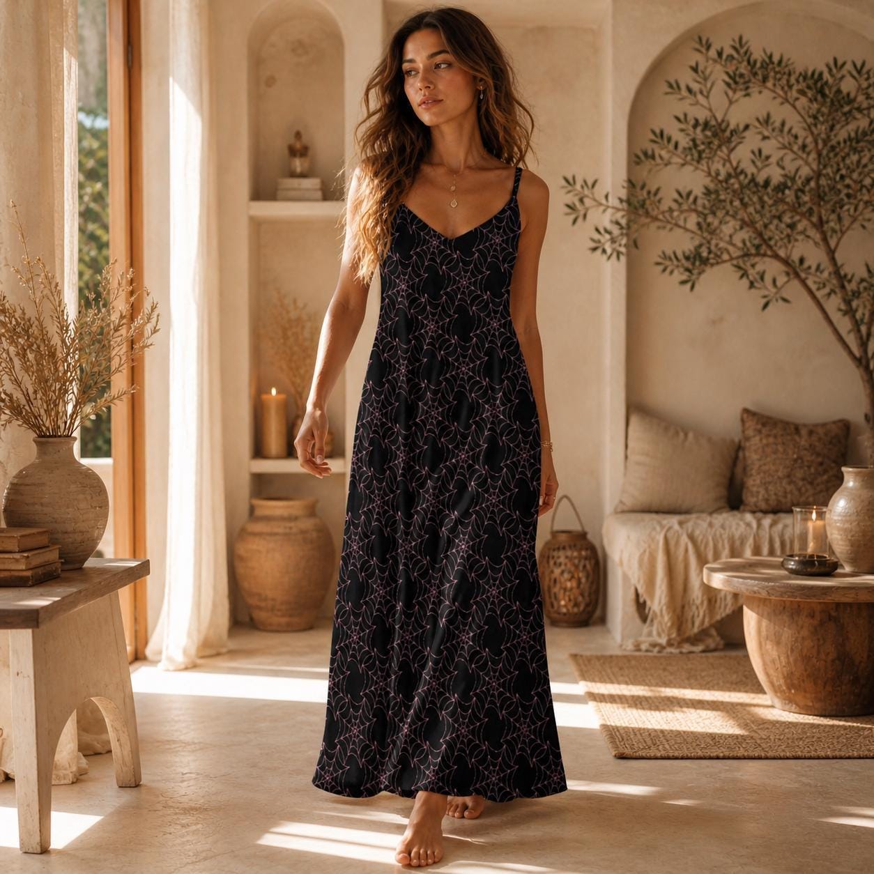 Spider Web Cami Dress for Halloween, Gothic Maxi Slip in Black