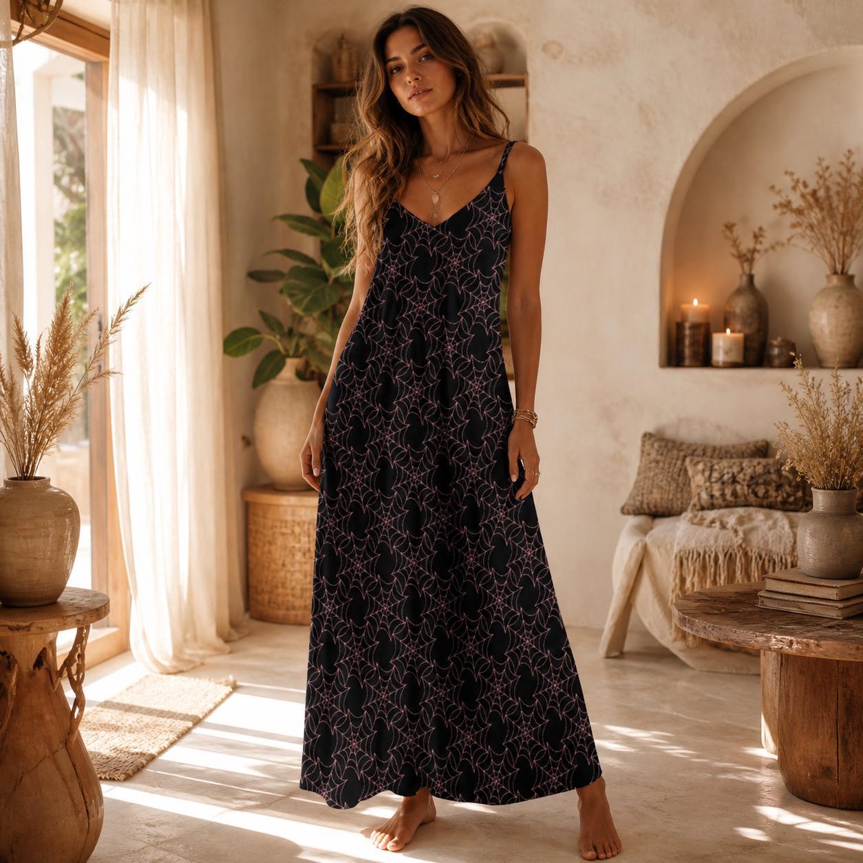 Spider Web Cami Dress for Halloween, Gothic Maxi Slip in Black