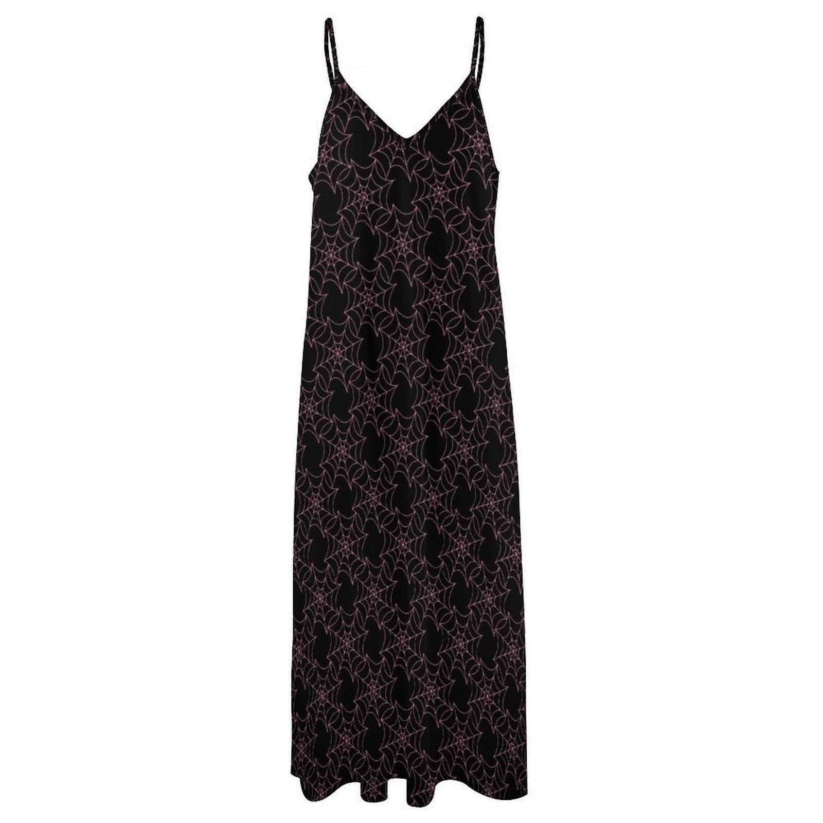 Spider Web Cami Dress for Halloween, Gothic Maxi Slip in Black