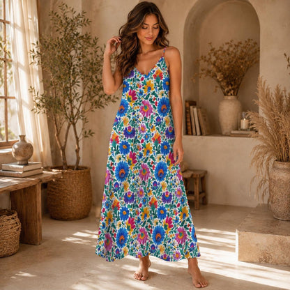 Boho Floral Maxi Dress Colorful Wildflower Sundress for Vacation