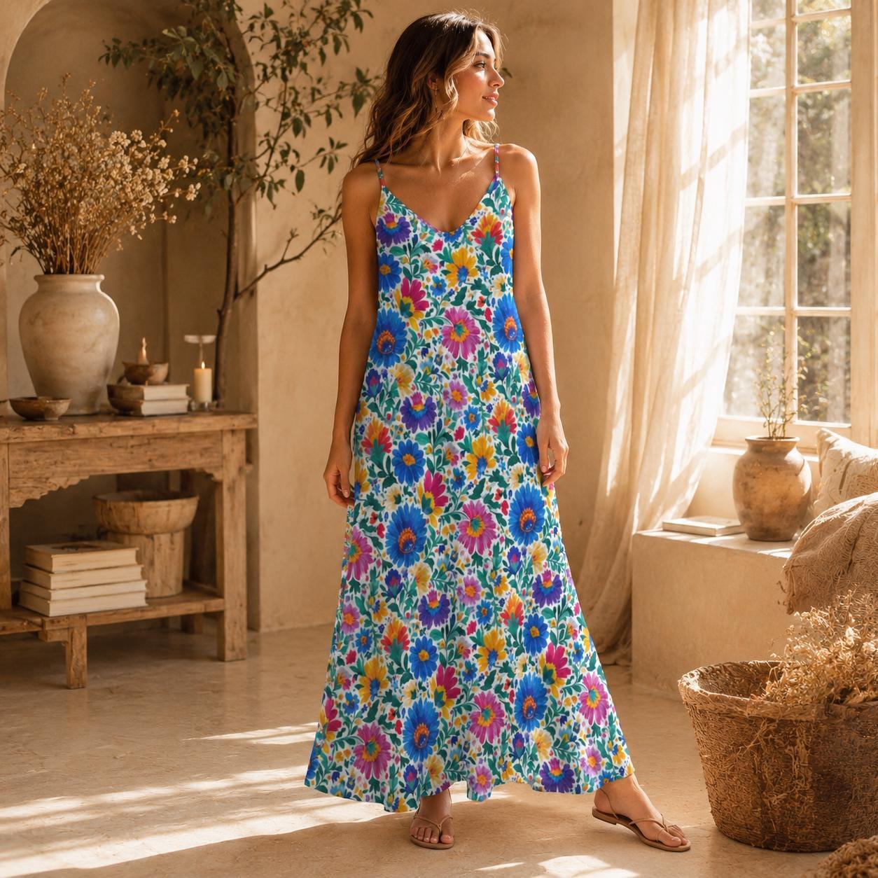 Boho Floral Maxi Dress Colorful Wildflower Sundress for Vacation