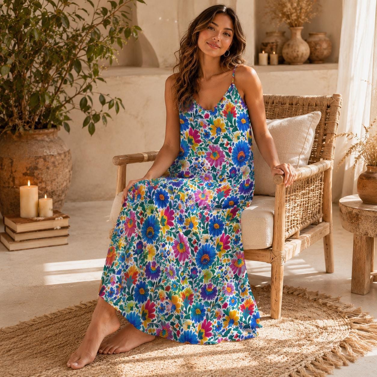 Boho Floral Maxi Dress Colorful Wildflower Sundress for Vacation