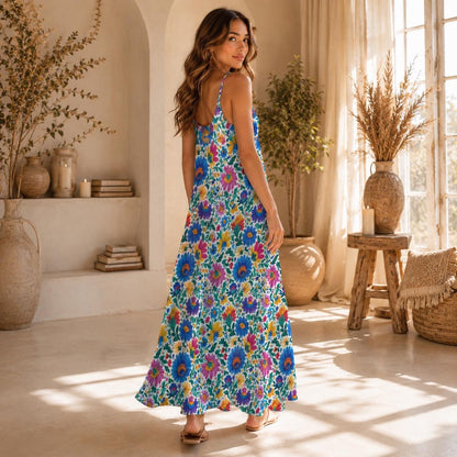 Boho Floral Maxi Dress Colorful Wildflower Sundress for Vacation