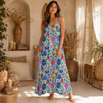 Boho Floral Maxi Dress Colorful Wildflower Sundress for Vacation