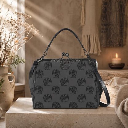 Dragon Kiss Lock Purse, Fantasy Gothic Handbag, Gray Mythical Creature Bag