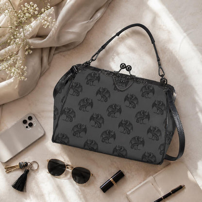 Dragon Kiss Lock Purse, Fantasy Gothic Handbag, Gray Mythical Creature Bag