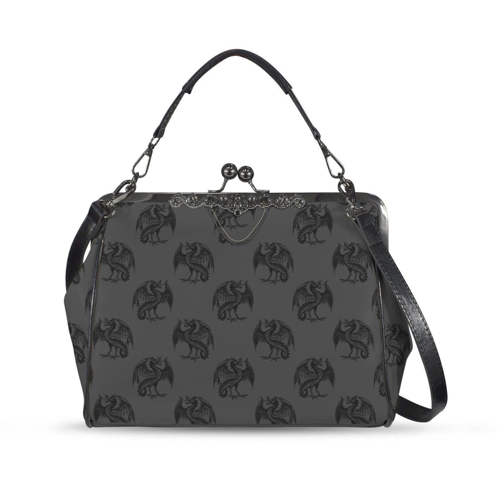 Dragon Kiss Lock Purse, Fantasy Gothic Handbag, Gray Mythical Creature Bag