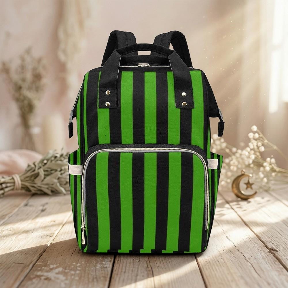 Striped Diaper Bag Backpack, Green Black Baby Travel Bag, Mom Stroller Organizer