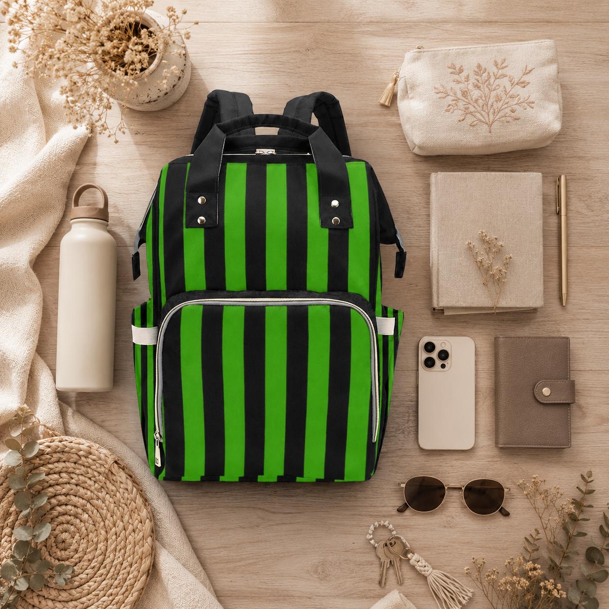 Striped Diaper Bag Backpack, Green Black Baby Travel Bag, Mom Stroller Organizer
