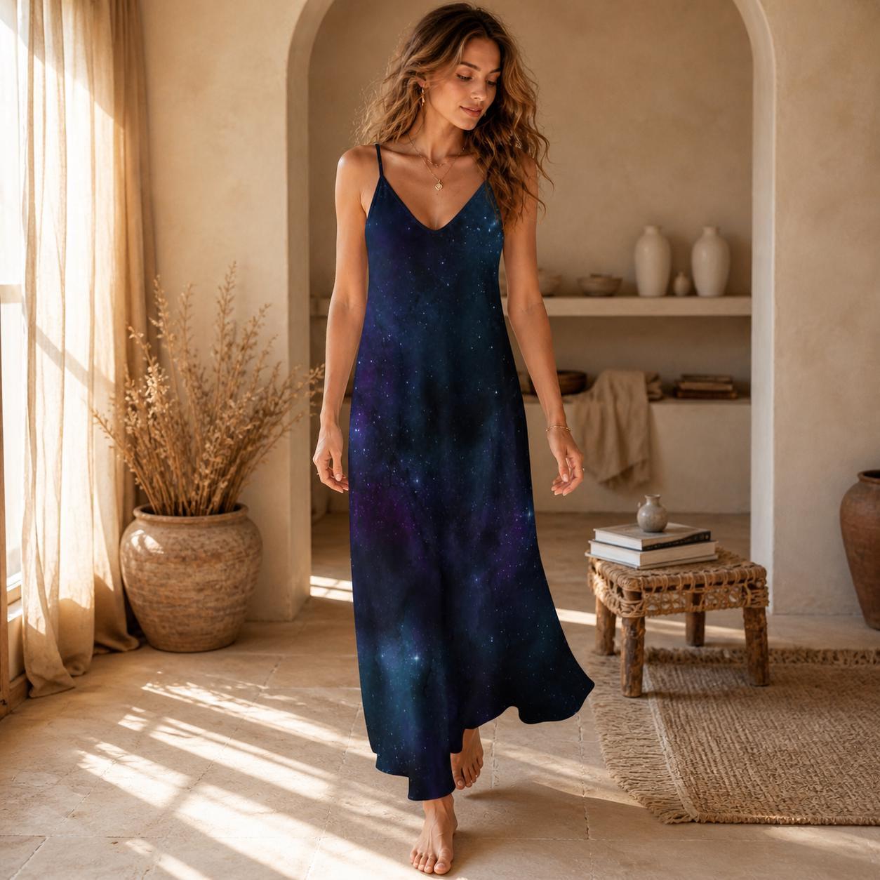 Starfield Maxi Dress, Navy Galaxy Slip, Cosmic Vacation Sundress