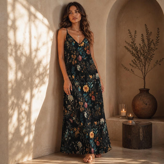 Dark Cottagecore Maxi Dress, Dark Floral Pattern Dress, Forest Ferns Dress