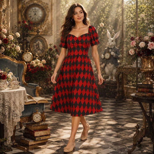 Red harlequin puff sleeve dress, Alice in Wonderland costume, gothic carnival party dress, sweetheart mini fantasy outfit, fairytale style